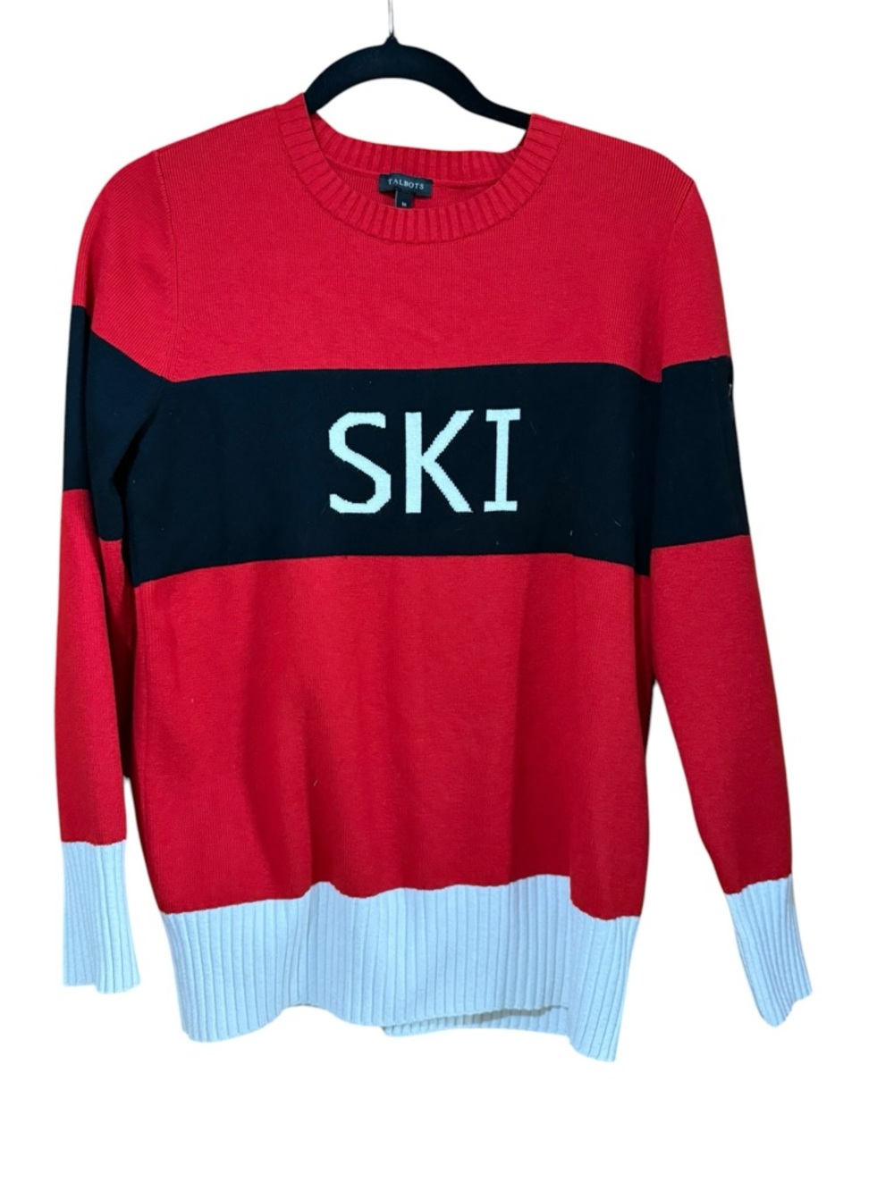 “SKI” Graphic Logo Red V-Neck Winter Sweater Talbots Size Medium